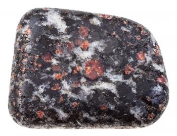 macro shooting of geological collection mineral - quartz pebble with black Hornblende, pink garnet and plagioclase isolated on white background