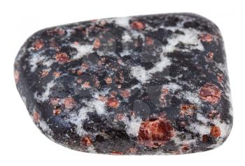 macro shooting of geological collection mineral - tumbled quartz with black Hornblende, pink garnet and plagioclase isolated on white background
