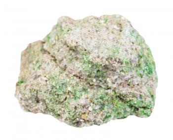 macro shooting of geological collection mineral - specimen with green pintadoite crystals on sandstone isolated on white background