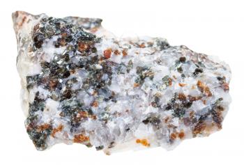 macro shooting of geological collection mineral - specimen of Calcite with brown Chondrodite and green Diopside crystals isolated on white background