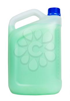 side view of plastic jerrycan with green liquid isolated on white background