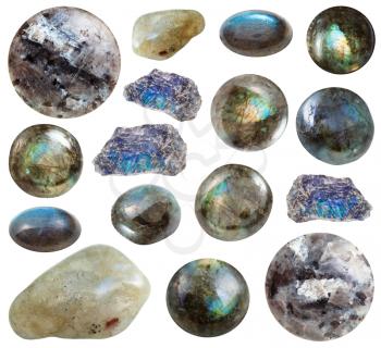 collection of tumbled and raw Labradorite gemstones isolated on white background