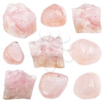 collection of tumbled and crystalline pink Beryl (Morganite, Vorobievite) gemstone isolated on white background