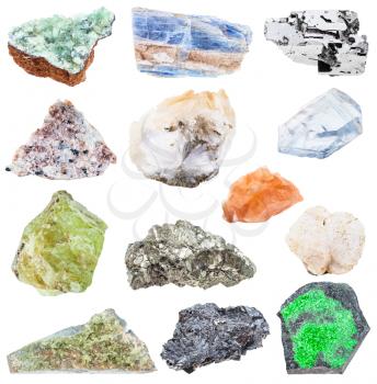 collection of various raw mineral crystals - uvarovite, vesuvianite, idocrase, vesuvian, galena, hematite, chabazite, anapaite, tamanite, kyanite, disthene, miserite, thomsonite, celestine, etc
