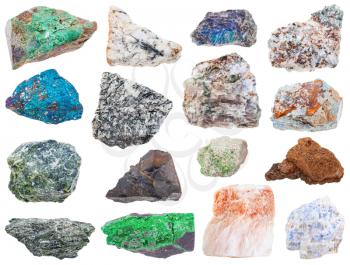 collection of various raw mineral stones - wischnevite, actinolite, pintadoite, selenite, tagamite, scorodite, serpentine, lujavrite, chalcopyrite, delhayelite, labradorite, ludwigite, garnierite, etc