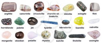 geological collection of tumbled mineral stones with descriptions - hornblende, lignite cancrinite, ussingite, obsidian, flint, labradorite, natrolite, mesolite, suevite, argillite, datolite, etc