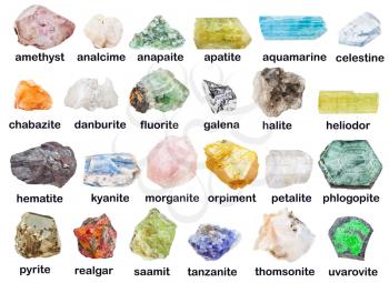 geological collection of various mineral stones with descriptions - fluorite, hematite, phlogopite, halite, danburite, petalite, castorite, heliodor, aquamarine, morganite, orpiment, realgar, etc