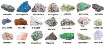 geological collection of various mineral stones with names - edenite, vesuvianite, idocrase, vesuvian, uvarovite, hematite, wischnevite, vishnevite, actinolite, pintadoite, selenite, tagamite, etc
