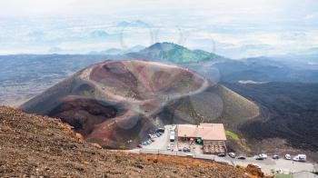 travel to Italy - above view on tourist camp Rifugio Giovannino Sapienza on Etna volcano in Sicily