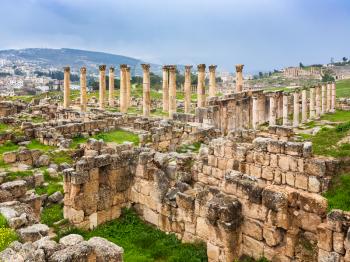 Travel to Middle East country Kingdom of Jordan - ancient ruins in roman Gerasa town in Jerash city in winter