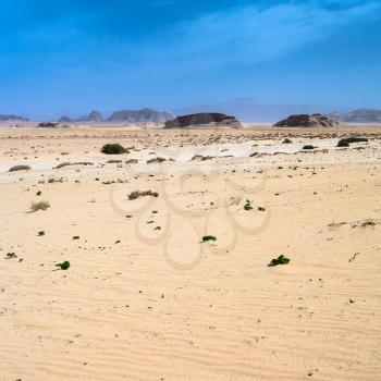 Travel to Middle East country Kingdom of Jordan - view of Wadi Rum desert in sunny winter day
