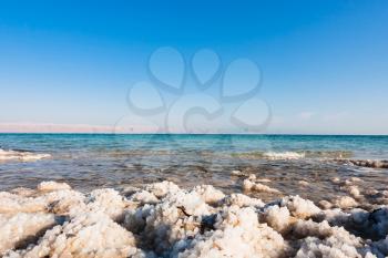 Travel to Middle East country Kingdom of Jordan - salt crystals close up on coast of Dead Sea in sunny winter day