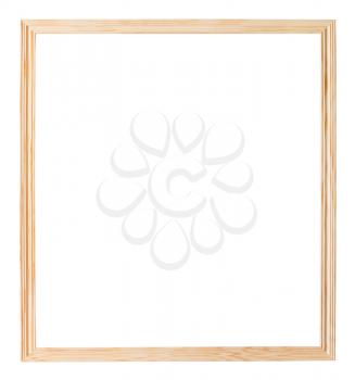 simple narrow unpainted wooden picture frame with cut out canvas isolated on white background