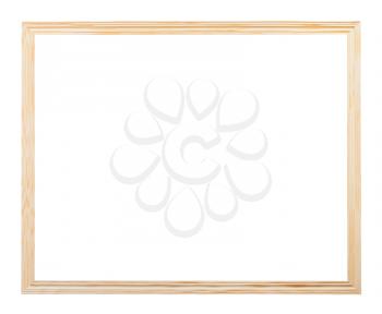 horizontal simple narrow unpainted wooden picture frame with cut out canvas isolated on white background