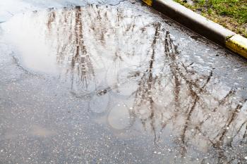 raindrops in puddle on urban street in rainy day