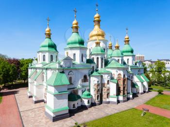 travel to Ukraine - view of building of Saint Sophia (Holy Sophia, Hagia Sophia) Cathedral from bell tower in Kiev city in spring