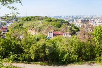 travel to Ukraine - view of Zamkova Hora hill (Castle Hill) in Kiev city in spring