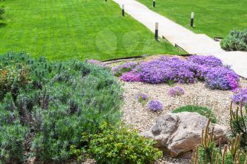 alpine garden and sloped lawn with path on backyard of country house