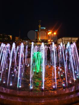 KIEV, UKRAINE - MAY 4, 2017: opening of the singing fountains on Maidan Nezalezhnosti (Independence square) of Khreshchatyk street in Kiev city in night.