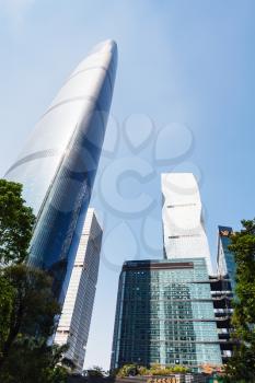 GUANGZHOU, CHINA - APRIL 1, 2017: few skyscrapers in Zhujiang New Town of Guangzhou city in spring. Guangzhou is the third most-populous city in China with population about 13,5 mln