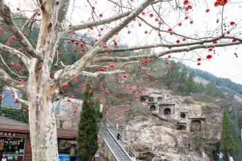 LUOYANG, CHINA - MARCH 20, 2017: chinese red lanterns of tree branches and view of caves in West Hill of Longmen Grottoes (Longmen Shiku, Dragon's Gate Grottoes, Longmen Caves) in spring season
