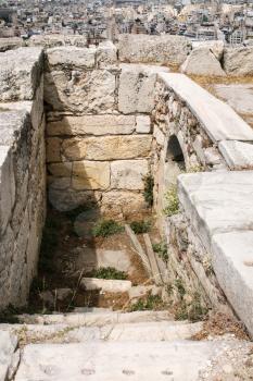 travel to Greece - sewage pipe in Acropolis and above view of Athens city