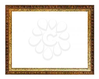 Aged carved golden and brown wooden picture frame with cut out canvas isolated on white background