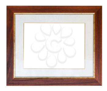 wide brown wooden picture frame with passepartout and cut out canvas isolated on white background