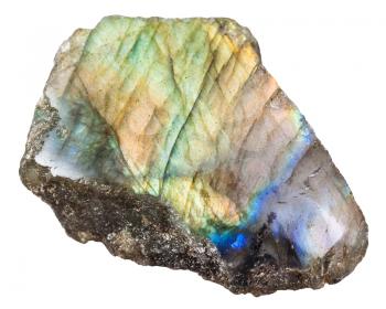 macro shooting of natural mineral rock - piece of polished labrador (labradorite) stone isolated on white background from Madagascar