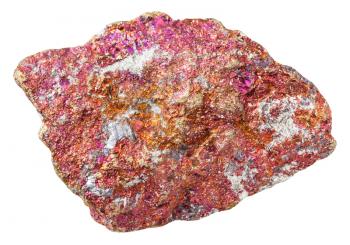 macro shooting of specimen of natural mineral rock - piece of red Chalcopyrite stone (copper pyrite) isolated on white background from Mexico