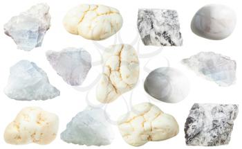 collection of various amorphous and crystalline magnesite stones isolated on white background