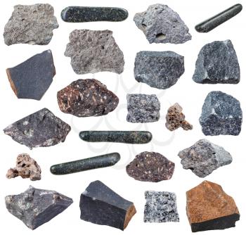 collection of various basalt igneous rocks (basalt, gabbro, tachylite, tachylyte, tholeiite, glassbasalt, hyalobasalt, etc) isolated on white background