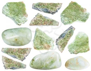 collection of various vesuvianite (idocrase, vesuvian) gemstones isolated on white background