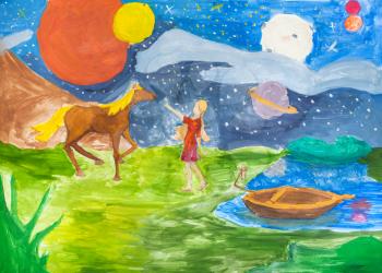 hand painted night landscape with girl and horse on riverbank drawn by watercolors on paper