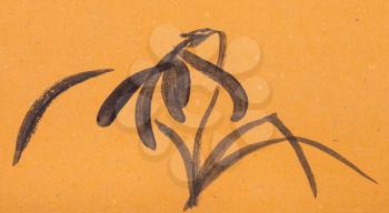 training drawing in suibokuga style with watercolor paints - sketch of iris flower on orange colored paper