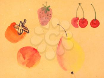 training drawing in suibokuga style with watercolor paints - various fruits on yellow colored paper