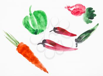 training drawing in suibokuga style with watercolor paints - various fresh vegetables on white paper