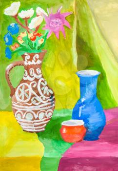 hand painted training color still-life with ceramic jugs on table drawn by watercolors on paper