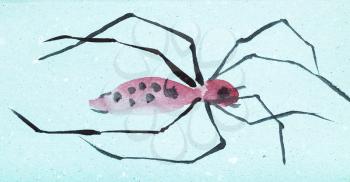 training drawing in suibokuga style with watercolor paints - pink spider on blue colored paper