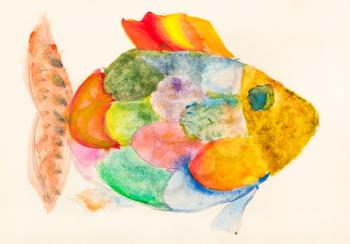 hand painted fish with multicolored scales drawn by watercolors on ivory colored paper