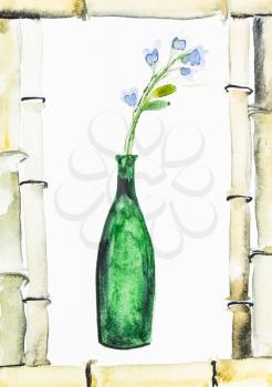 training drawing in suibokuga style with watercolor paints - fresh blue flowers in green glass bottle in frame of bamboo trunks on white paper