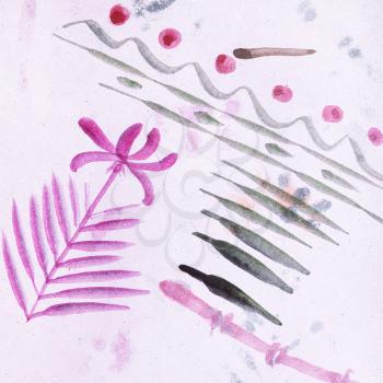 training drawing in suibokuga style with watercolor paints - sketches of grass on pink colored paper