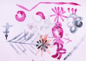 training drawing in suibokuga style with watercolor paints - various sketches on pink colored paper