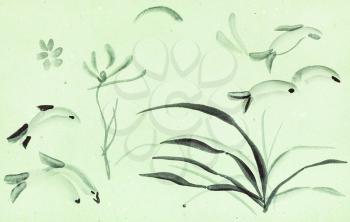training drawing in suibokuga style with watercolor paints - brushstrokes for flowers, grass, fishes on green colored paper