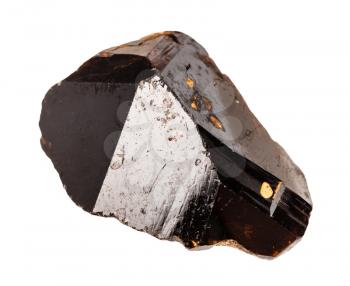 macro shooting of natural rock specimen - brown crystal of Cassiterite (Tin ore) stone isolated on white background from Pravourmiyskoe deposit in Khabarovsk Krai, Russia