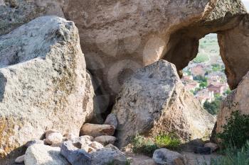 Travel to Turkey - old rocks over Uchisat village in Cappadocia in spring