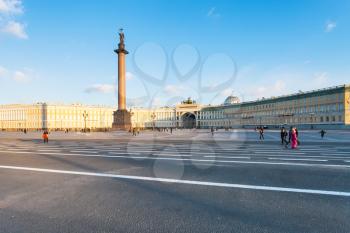 Palace Square with Alexander Column and General Staff Building in Saint Petersburg city in March evening