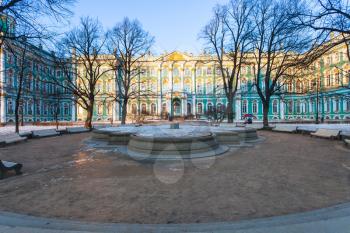 Gardens of the Winter Palace in Saint Petersburg city in March evening