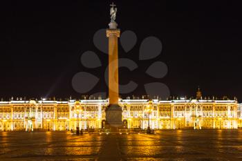 view of Palace Square with Alexander Column and Winter Palace in Saint Petersburg city in night