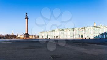panoramic view of Palace Square with Alexander Column in Saint Petersburg city in March morning